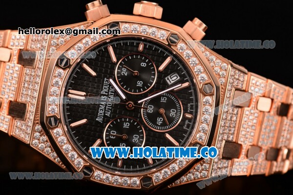Audemars Piaget Royal Oak 41MM Chronograph Rose Gold/Diamonds Case with Black Dial and Stick Markers (EF) - Click Image to Close